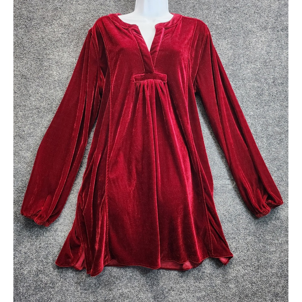 Easel Women's Red Velvet V-Neck Boho Romantic Christmas Party Tunic Dress Medium